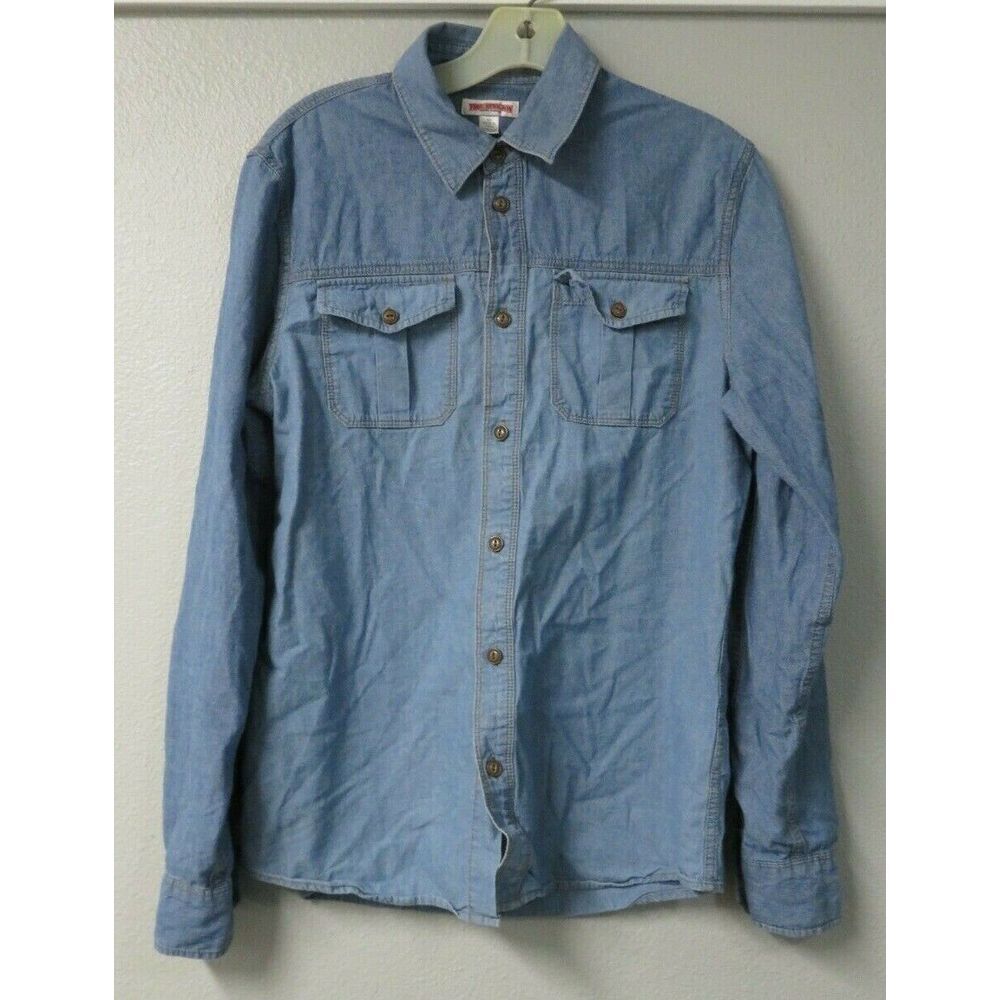 Mens True Religion Blue Denim Shirt Size S Long Sleeve Button Front Cotton